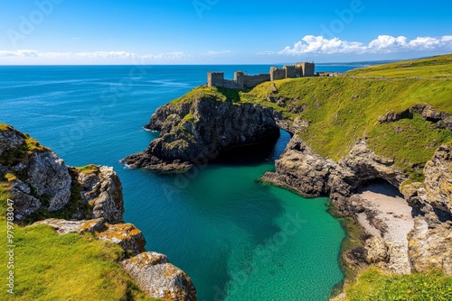 British Isles coastline with a view of Tintagel Castle, perched dramatically on the cliffs above the wild Cornish sea