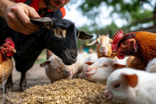 Farm animals being fed by the farmer, with chickens, goats, and pigs all gathering around