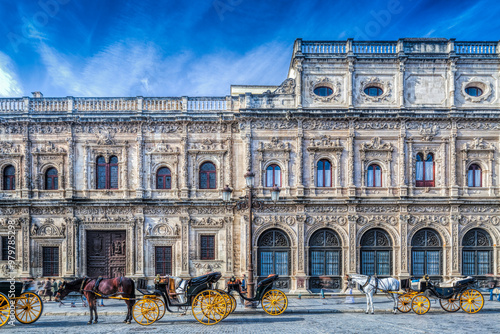 Carriages Lined up in Front of Seville City Hall\'s Stunning Facade