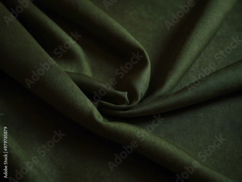 Olive green gabardine fabric flowing on a dark background