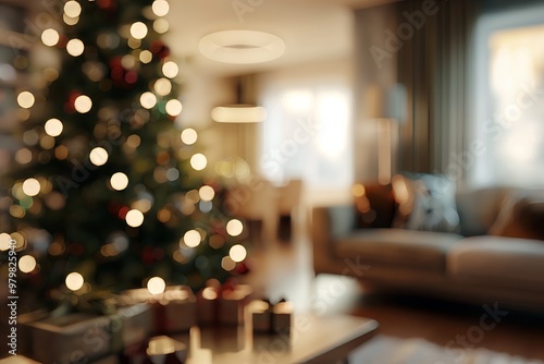 Blurred modern interior of a living room decorated for Christmas. christmas tree, presents, soft focus