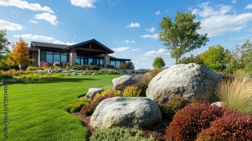 Modern House with Green Lawn and Boulder Landscape