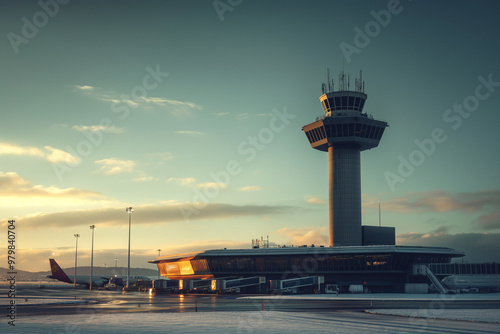 High-tech airport control tower in modern setting