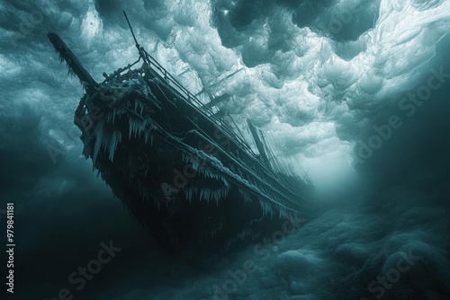 A sunken ship covered in ice, shrouded in darkness and mystery.