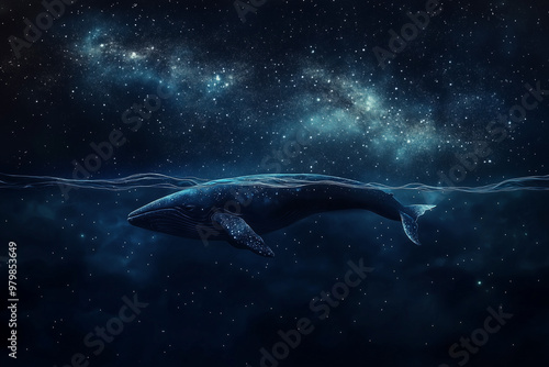 whale swimming ing in the ocean in the dark night full of stars, dreamy, AI