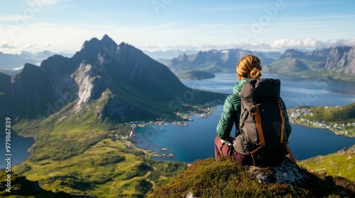 A woman hiker sits on a rocky outcropping, taking in the breathtaking panoramic view of a Norwegian mountain range. Lush green hillsides and sparkling blue fjords create a scene of natural beauty. Her