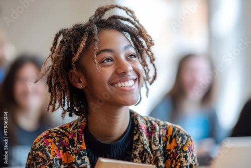 Joyful young African American student in a classroom setting with a bright smile and engaging expression