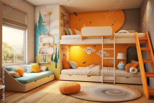 Cozy children's bedroom featuring a creative bunk bed setup with orange and blue decor, soft cushions, and whimsical wall art in a sunny indoor space