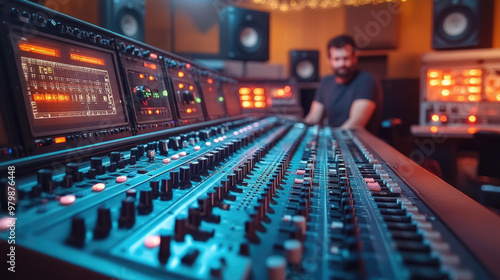 Ingeniero de sonido en estudio de grabación multipista, una gran mix multipista en primer plano, monitores y preamplificadores sonoros.