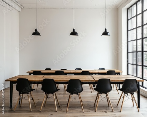 Empty Chairs Rustic Tables and Industrial Windows A Study in Minimalist Design