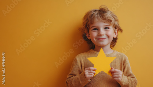 Cheerful boy holding yellow star against bright background