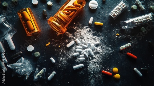 Drug addiction international day against drug abuse and illicit drug trafficking visuals featuring drugs set against a dark backdrop