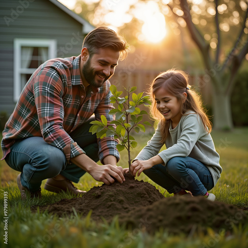 A father and daughter joyfully plant a young tree in their backyard, symbolizing family bonding and environmental stewardship. Ideal for themes of parenting, gardening, and sustainability