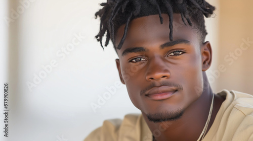 A professional, hyper-realistic portrait of a young Black American man in fashionable, contemporary clothing, slightly smiling and facing forward. The clean white background and ci