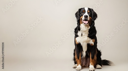 A Bernese Mountain Dog sitting calmly on a light solid color background, showcasing its fluffy coat and friendly expression