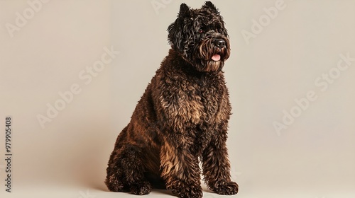 A majestic Bouvier Des Flandres sitting proudly on a light solid color background, showcasing its thick fur and distinctive beard