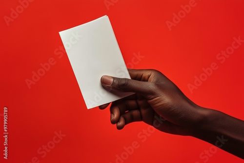 Black hand holding a blank card against a vibrant red background, symbolizing voting, choice, or decision-making. Fits Election Day theme