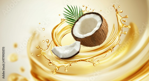 Coconut splash with fresh coconut slice and palm leaf in golden liquid background