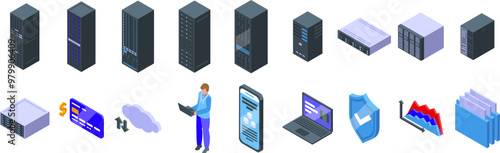 Dedicated server icons set. System administrator working on laptop, managing data storage, server and cloud computing with security and financial analytics