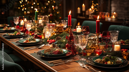 A top-down view of a beautifully set Christmas Eve table, featuring food