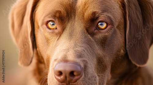 A close-up portrait of a Chesapeake Bay Retriever with soulful eyes, emphasizing its friendly expression against a soft, muted background