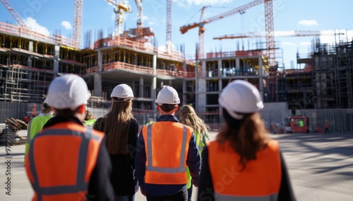 people wearing high-visibility vests and white helmets, walking in front of a construction site with cranes on top of the building structure, on a bright day Generative AI