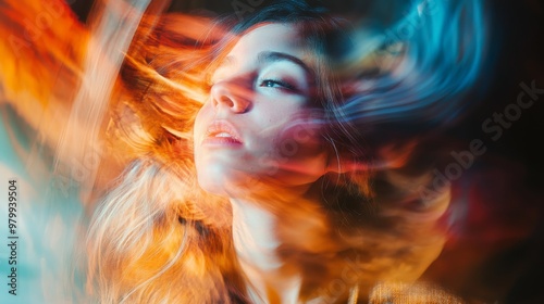 A young woman engages in a vivid experience of hallucination and dizziness, captured with multiple exposure effects that create a swirling, colorful display around her