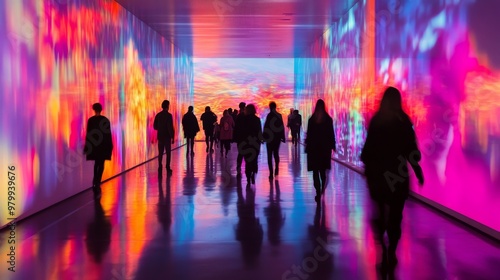 A diverse group of people strolls through a gallery, immersed in a lively digital art installation. Colorful projections create a captivating ambiance as visitors engage with the artwork