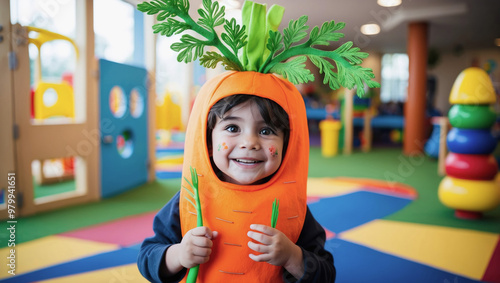 A boy in a carrot costume in kindergarten.