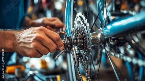 Fingers meticulously fine-tune the derailleur of a road bike. The workshop buzzes with activity as the mechanic ensures smooth gear shifting