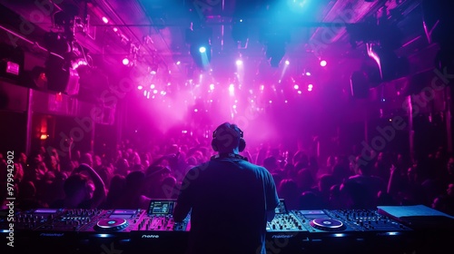 A DJ skillfully mixes tracks at a crowded electronic dance music event, surrounded by colorful lights and an energetic audience dancing and enjoying the music