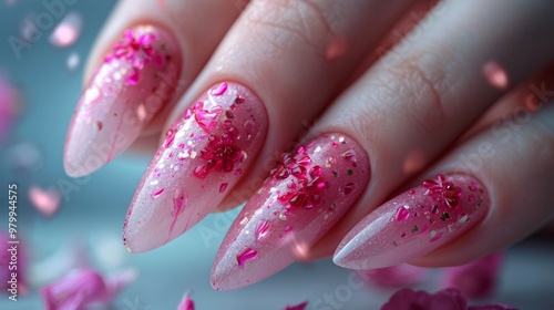 Close-up of hand with long almond-shaped nails with pink and glitter decorations.