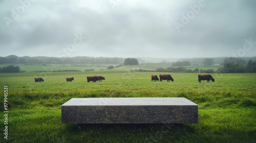 A smooth gray stone podium is set against a lush green field where cattle graze peacefully under an overcast sky, showcasing a serene and tranquil landscape