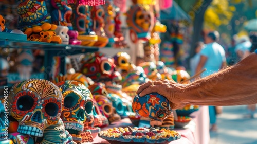 Colorful mexican market stall displaying vibrant handcrafted skulls and traditional art