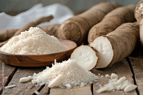 Tapioca and cassava on wooden background Selective focus