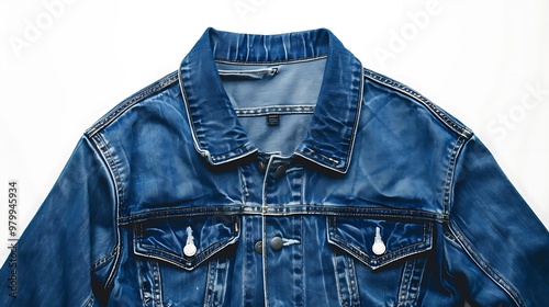 A fashionable denim jacket in medium wash, captured on a white background.