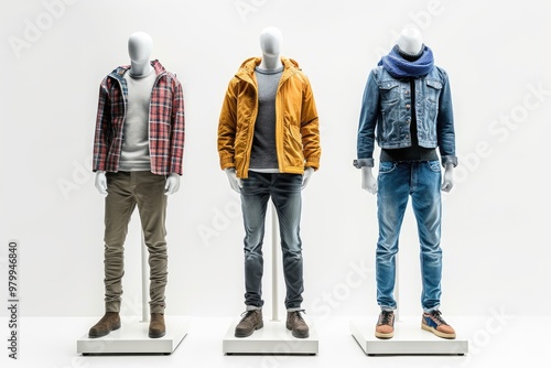 Three male mannequins in casual attire on a white background without any branding or copyrighted items