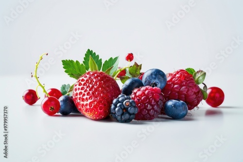 A pile of fresh berries and raspberries on a white surface