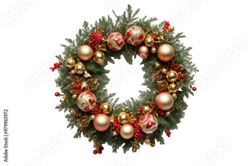 A richly detailed Christmas wreath, festooned with red berries and dazzling gold baubles, adopts a remarkably solitary stance, confidently floating in an isolated, pure and pristine white background