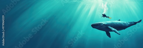 Diver with giant whale in deep sea