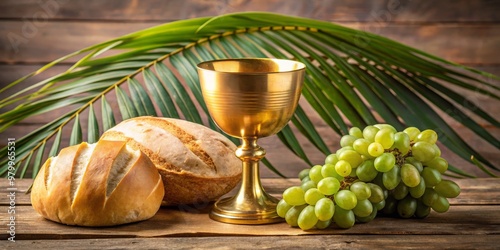 Holy Communion Gold Chalice, Bread and Grapes, Palm Leaves, Rustic Wood Background, Christian, Catholic, Eucharist