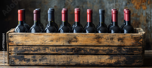  A wooden crate overflowing with various wine bottles, showcasing an assortment of colors and labels. 