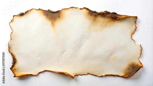 Burnt sheet of paper of white and orange color on white background