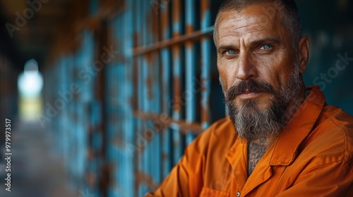 Man in an orange uniform stands pensively in a dimly lit corridor of an old prison during the late afternoon