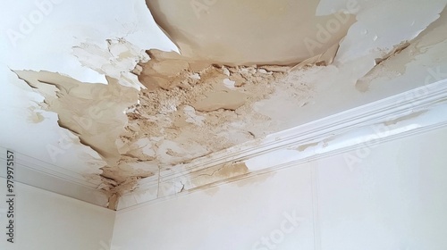 Peeling paint and water marks on a white ceiling highlight the extent of water damage requiring urgent repair.