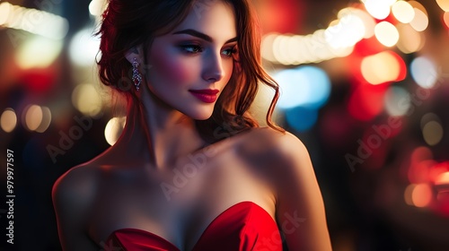 Seductive woman in red dress with sweetheart neckline