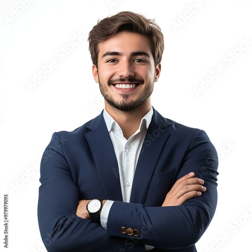 Portrait of a young handsome smiling businessman with crossed arms on white background