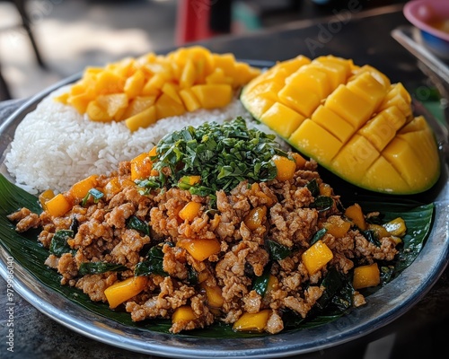 Pad kra pao omelette mixed grain rice mango sticky rice at street stall in Bangkok Thailand