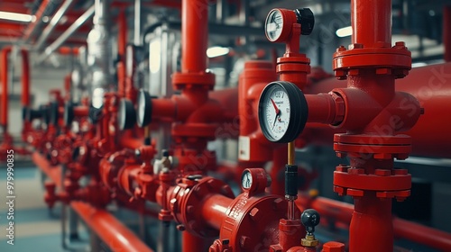 Close-up of red industrial pipes with pressure gauges