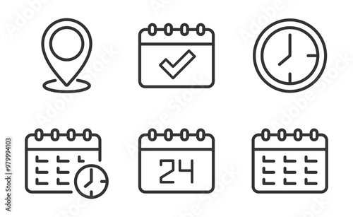 Calendars thin line icon set. Containing date, schedule, month, week, appointment, agenda, organization and event icons. Editable stroke. Calendar outline symbol collection. Vector illustration